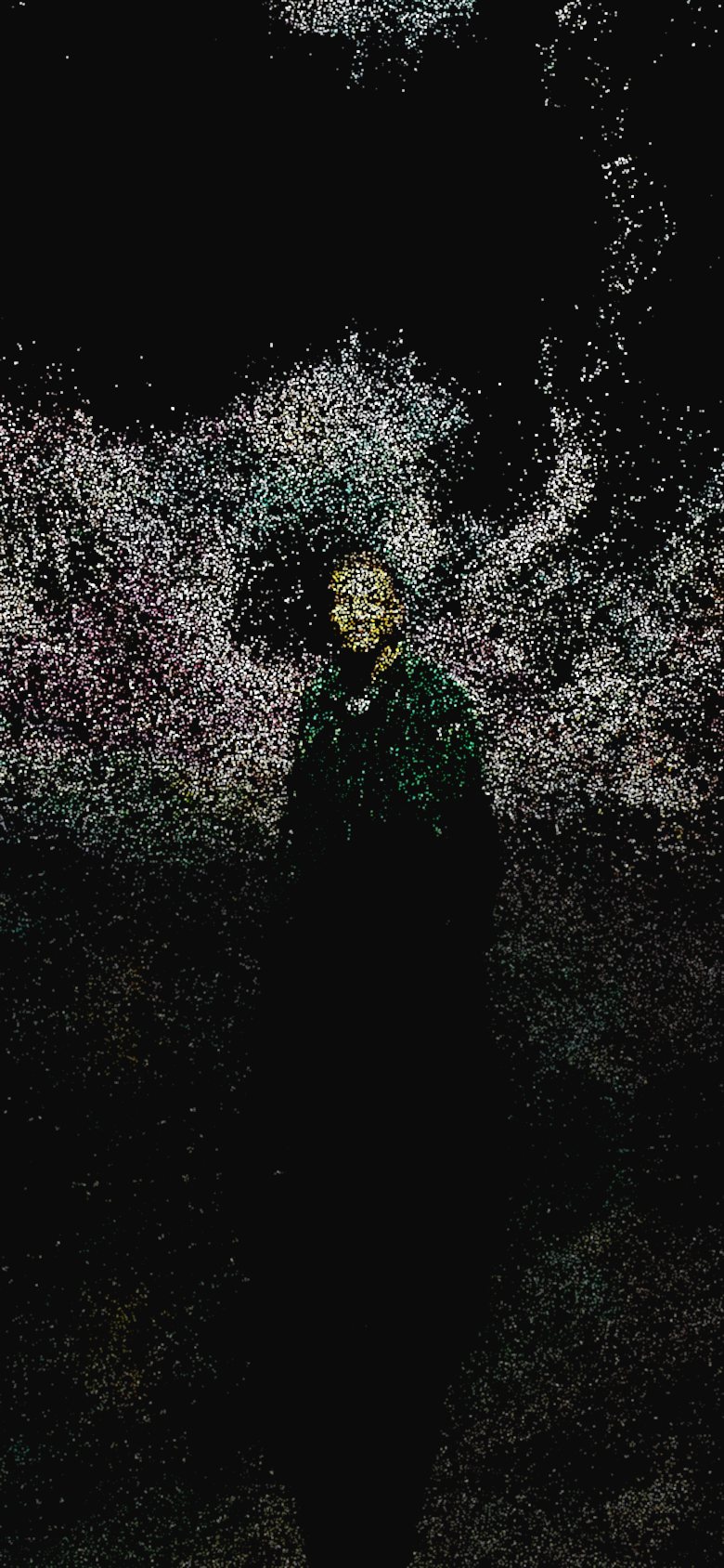 Kofi standing inside the NXT Museum projection, rebuilt as a particle field